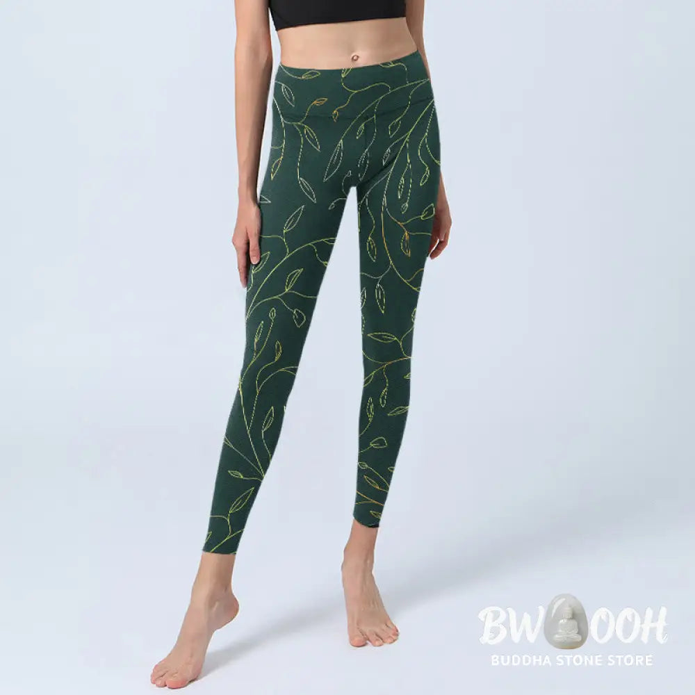 BWOOOH printed yoga leggings - Green Golden Leaves Branches Print Gym L