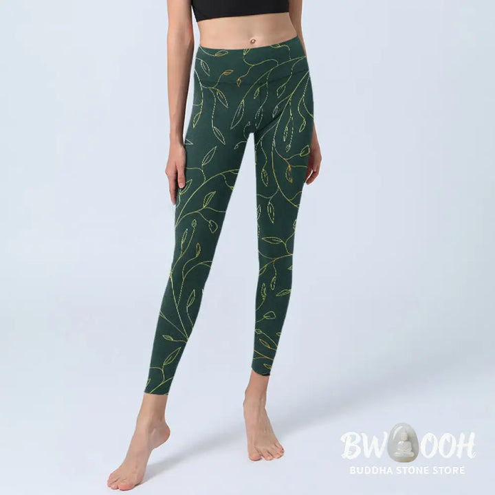 BWOOOH printed yoga leggings - Green Golden Leaves Branches Print Gym L