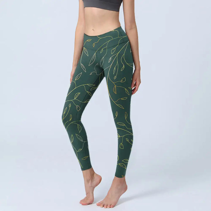 BWOOOH printed yoga leggings - Green Golden Leaves Branches Print Gym L