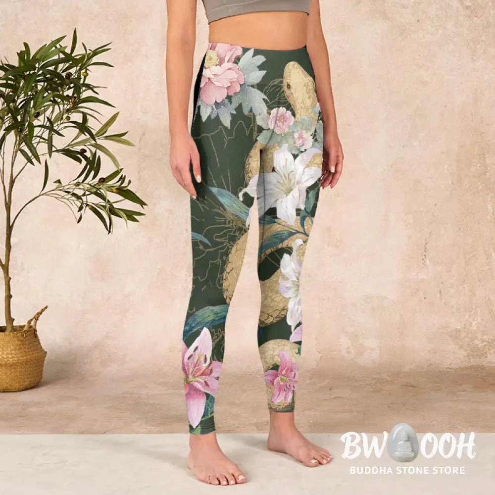 BWOOOH printed yoga leggings - Green Golden Snake Lily Peony Flowers Pr