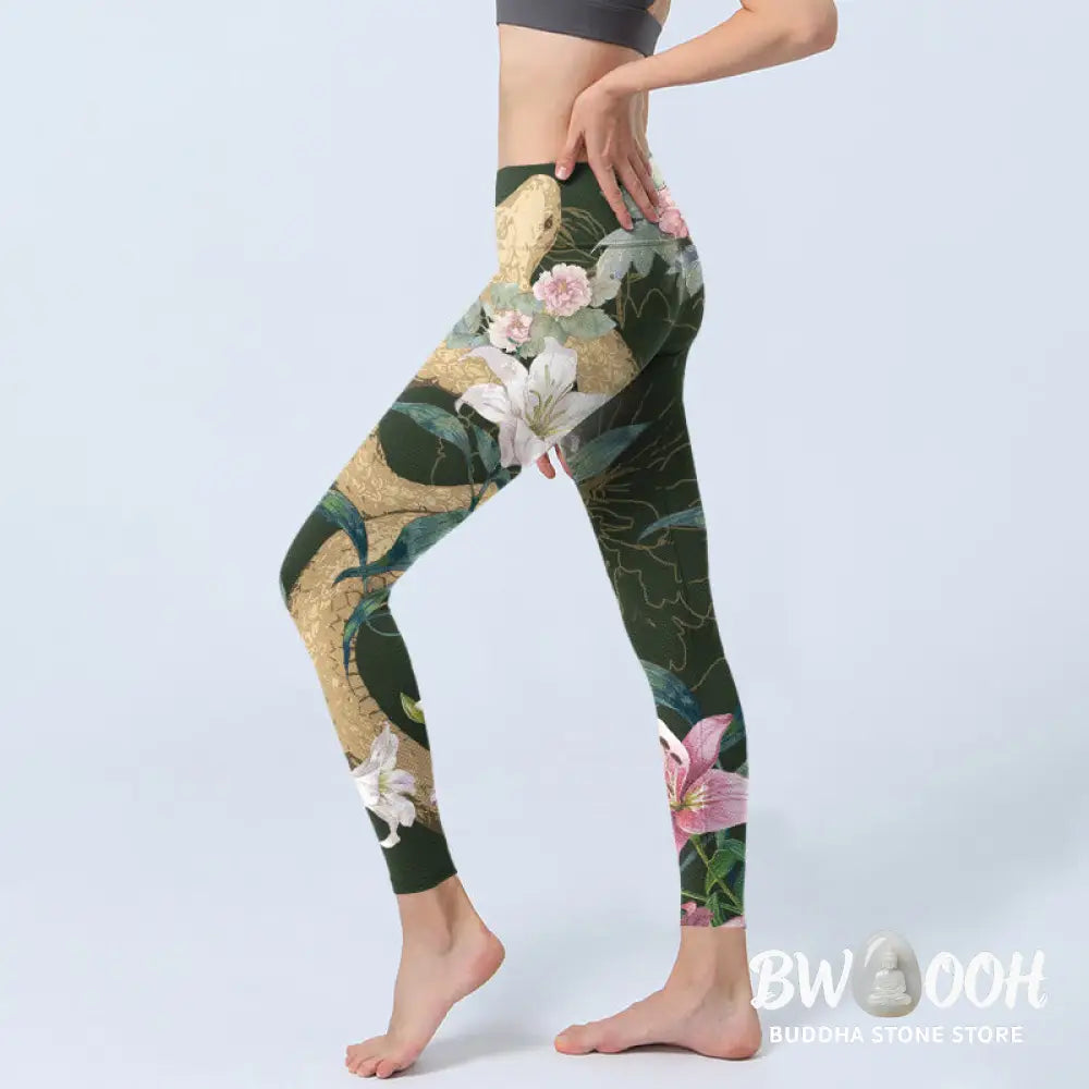 BWOOOH printed yoga leggings - Green Golden Snake Lily Peony Flowers Pr