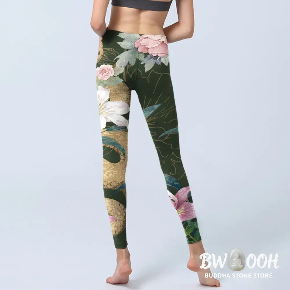 BWOOOH printed yoga leggings - Green Golden Snake Lily Peony Flowers Pr