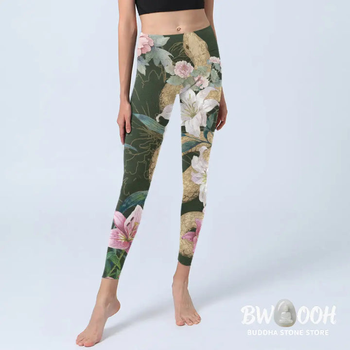 BWOOOH printed yoga leggings - Green Golden Snake Lily Peony Flowers Pr