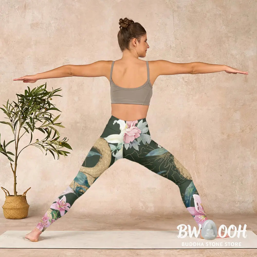 BWOOOH printed yoga leggings - Green Golden Snake Lily Peony Flowers Pr