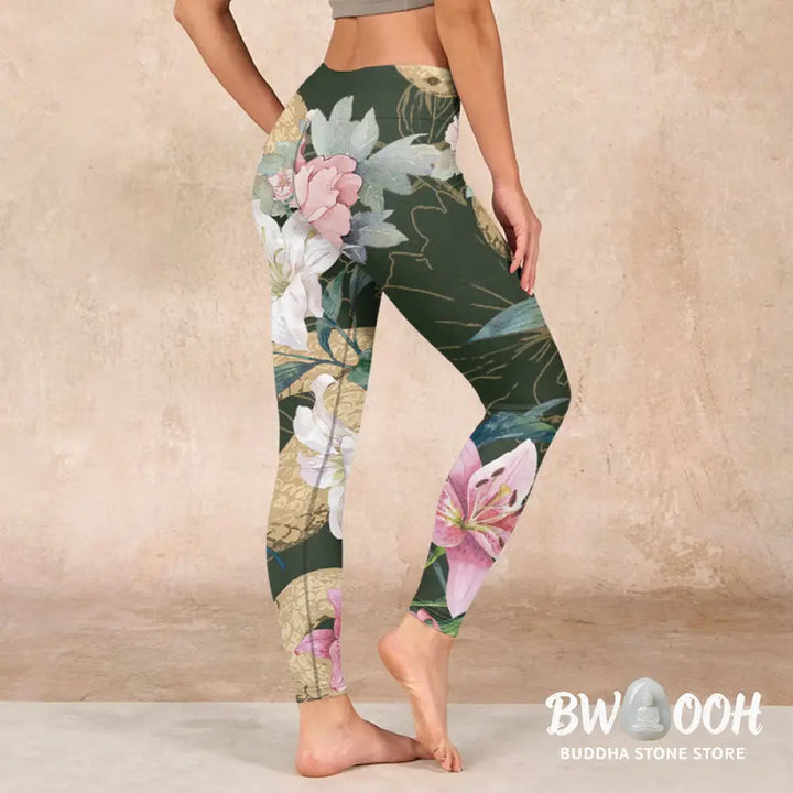 BWOOOH printed yoga leggings - Green Golden Snake Lily Peony Flowers Pr