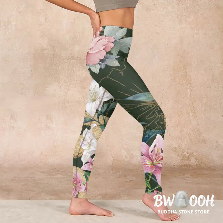 BWOOOH printed yoga leggings - Green Golden Snake Lily Peony Flowers Pr