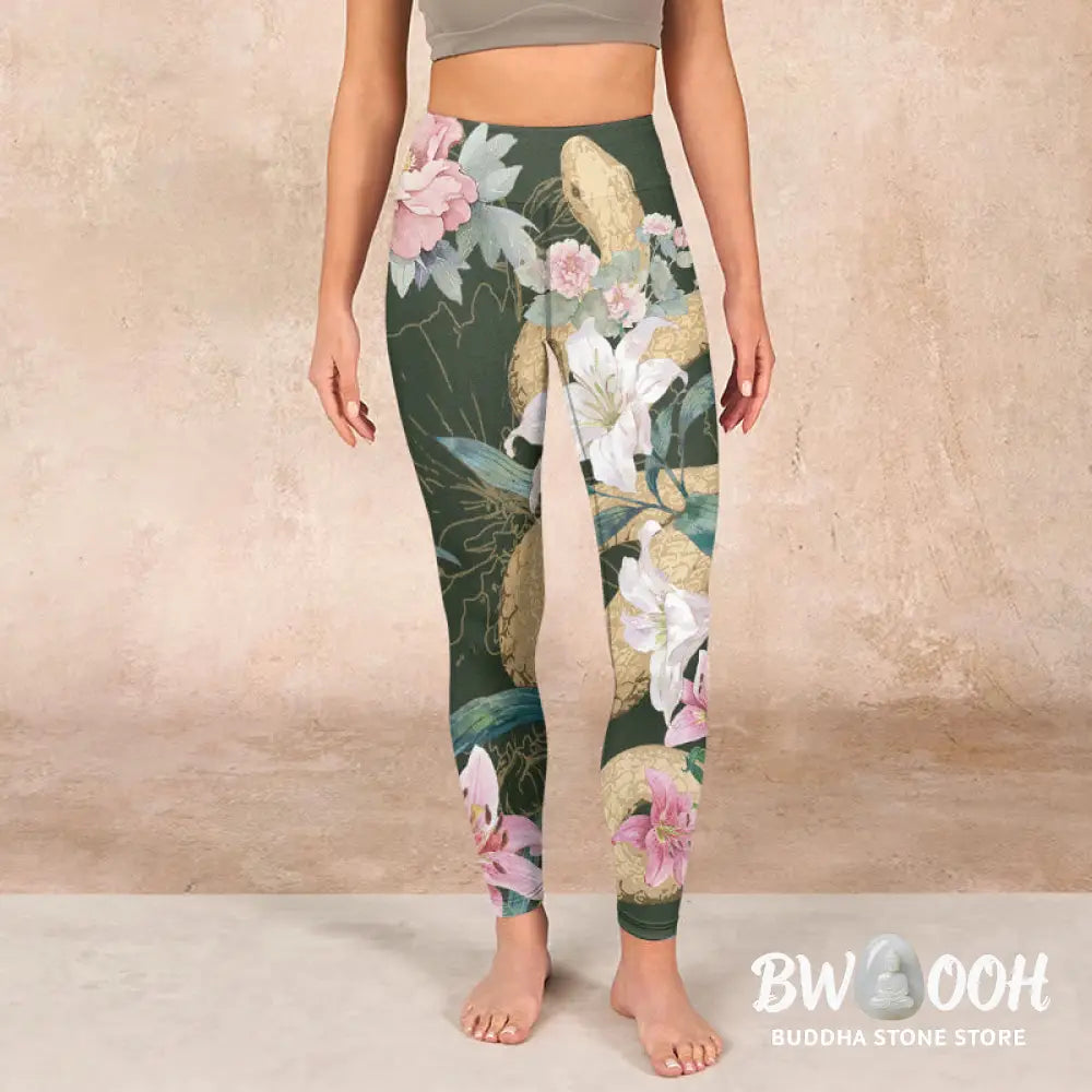 BWOOOH printed yoga leggings - Green Golden Snake Lily Peony Flowers Pr