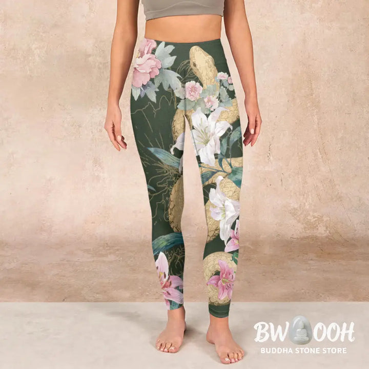 BWOOOH printed yoga leggings - Green Golden Snake Lily Peony Flowers Pr