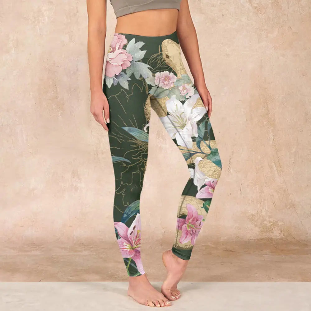 BWOOOH printed yoga leggings - Green Golden Snake Lily Peony Flowers Pr