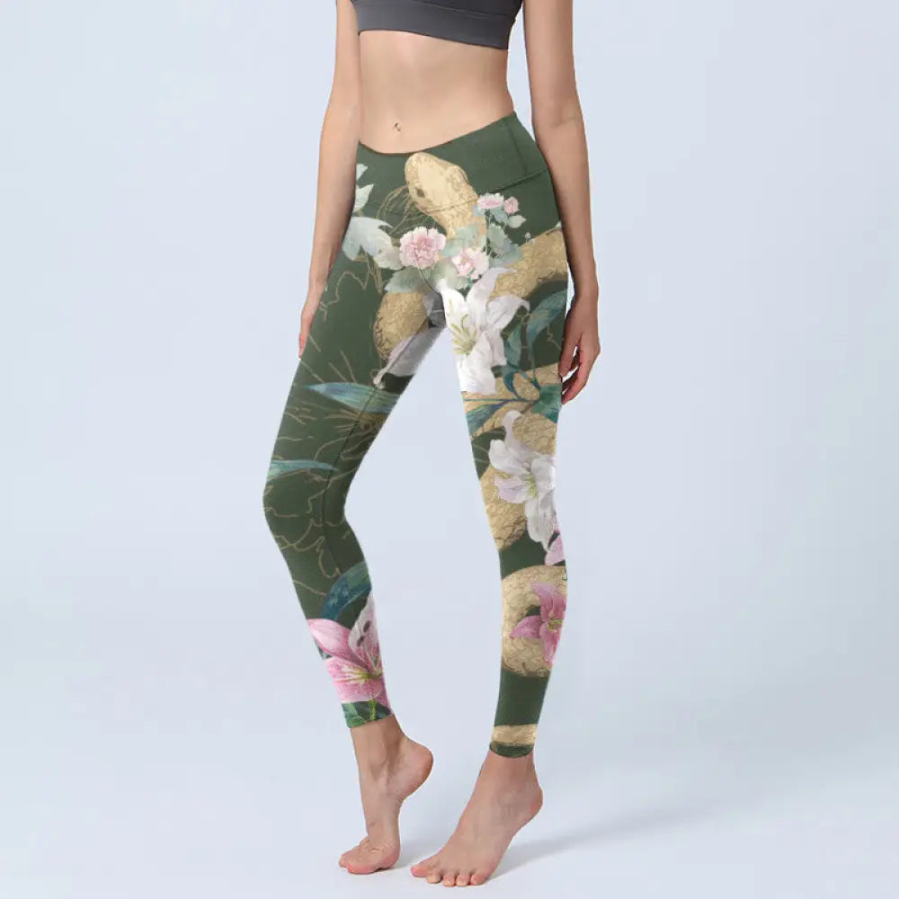 BWOOOH printed yoga leggings - Green Golden Snake Lily Peony Flowers Pr