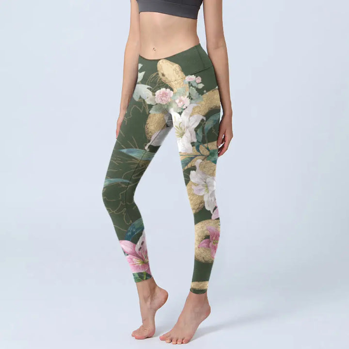 BWOOOH printed yoga leggings - Green Golden Snake Lily Peony Flowers Pr