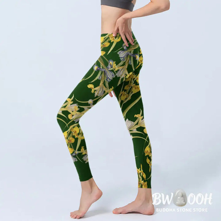 BWOOOH printed yoga leggings - Green Iris Pattern Print Gym Leggings Wo