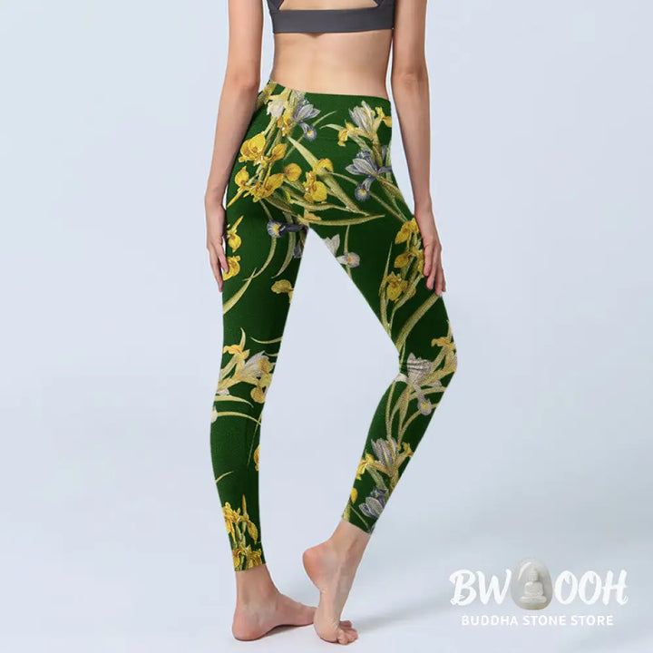BWOOOH printed yoga leggings - Green Iris Pattern Print Gym Leggings Wo