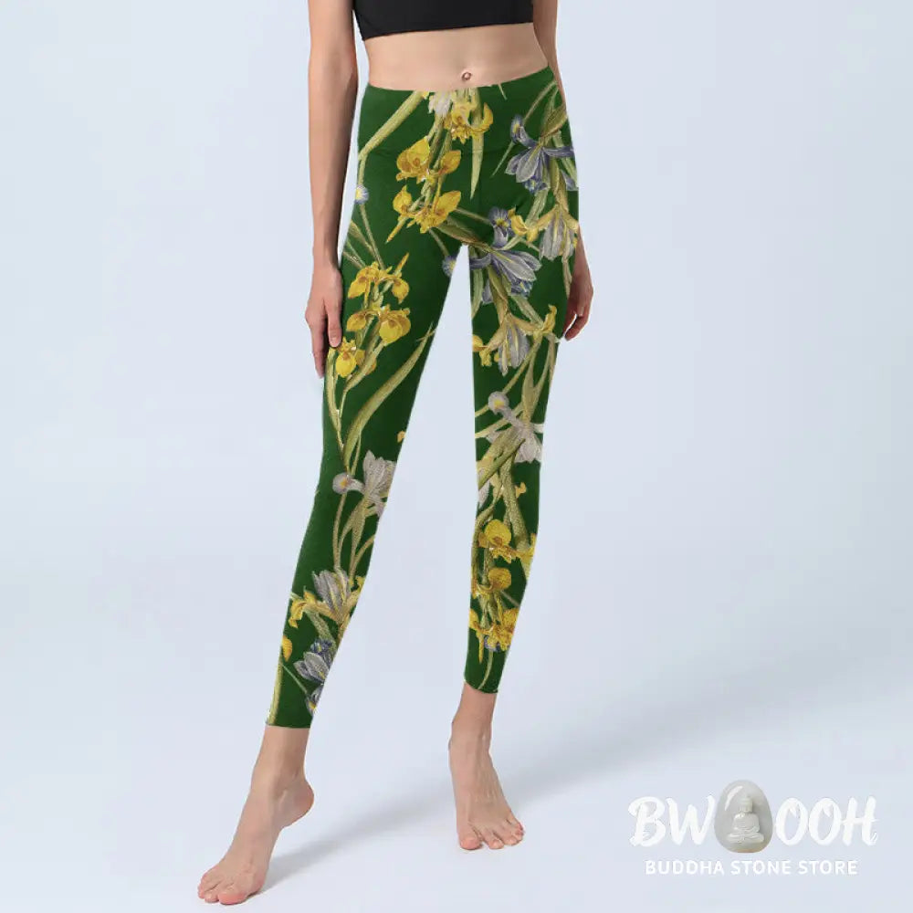 BWOOOH printed yoga leggings - Green Iris Pattern Print Gym Leggings Wo