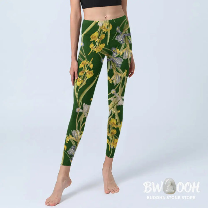 BWOOOH printed yoga leggings - Green Iris Pattern Print Gym Leggings Wo