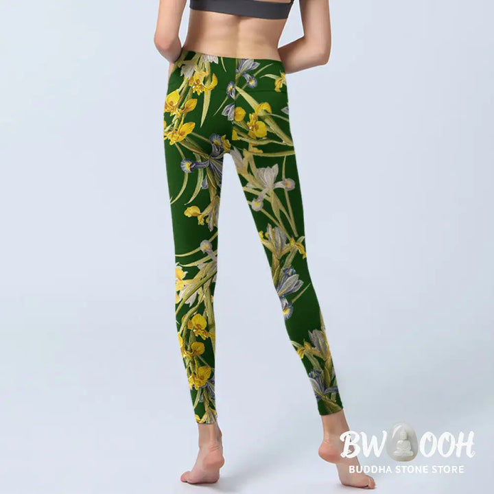 BWOOOH printed yoga leggings - Green Iris Pattern Print Gym Leggings Wo