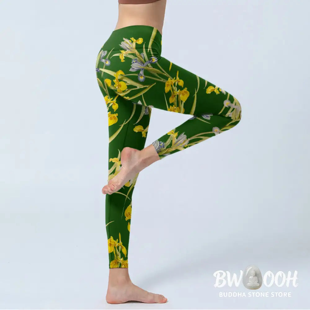 BWOOOH printed yoga leggings - Green Iris Pattern Print Gym Leggings Wo
