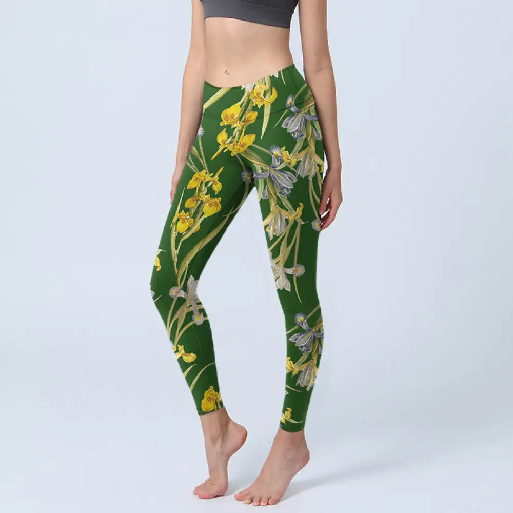 BWOOOH printed yoga leggings - Green Iris Pattern Print Gym Leggings Wo