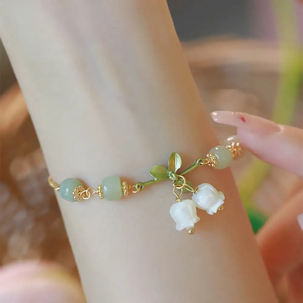 BWOOOH Green Jade Bead Lily of the Valley Prosperity Chain Bracelet - Lily of the Valley(Wrist Circumference
