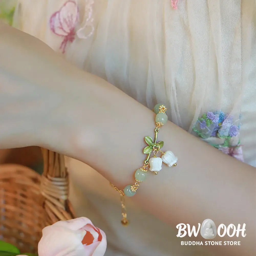 BWOOOH Green Jade Bead Lily of the Valley Prosperity Chain Bracelet - Lily of the Valley(Wrist Circumference