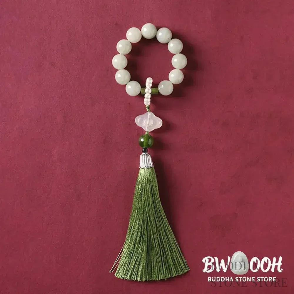 BWOOOH Green Jade &amp; Pearl Wrist Mala. Polished 10mm jade beads, luminous pearls, prosperity tassel. Handcrafted for spiritual calm, abundance, and focus in mindfulness practice. - View 5