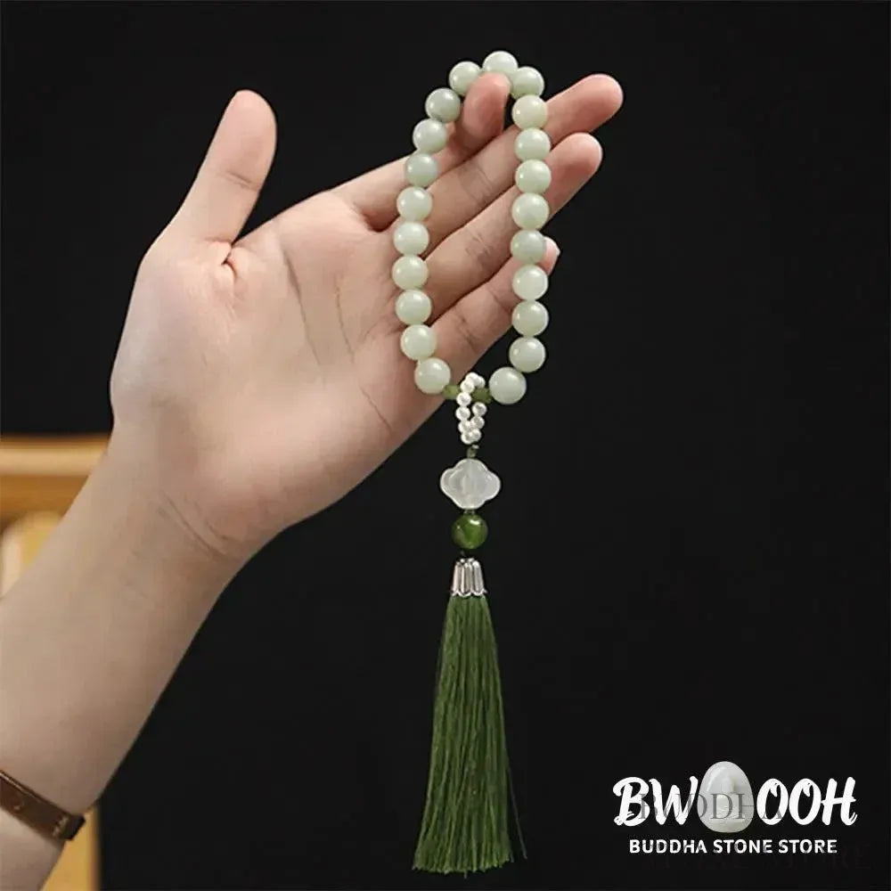 BWOOOH Green Jade &amp; Pearl Wrist Mala. Polished 10mm jade beads, luminous pearls, prosperity tassel. Handcrafted for spiritual calm, abundance, and focus in mindfulness practice. - View 10