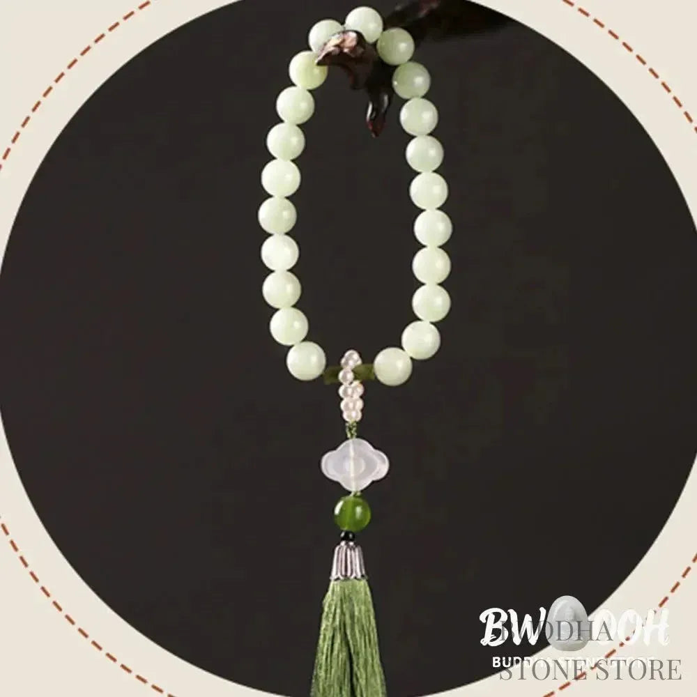 BWOOOH Green Jade &amp; Pearl Wrist Mala. Polished 10mm jade beads, luminous pearls, prosperity tassel. Handcrafted for spiritual calm, abundance, and focus in mindfulness practice. - View 14