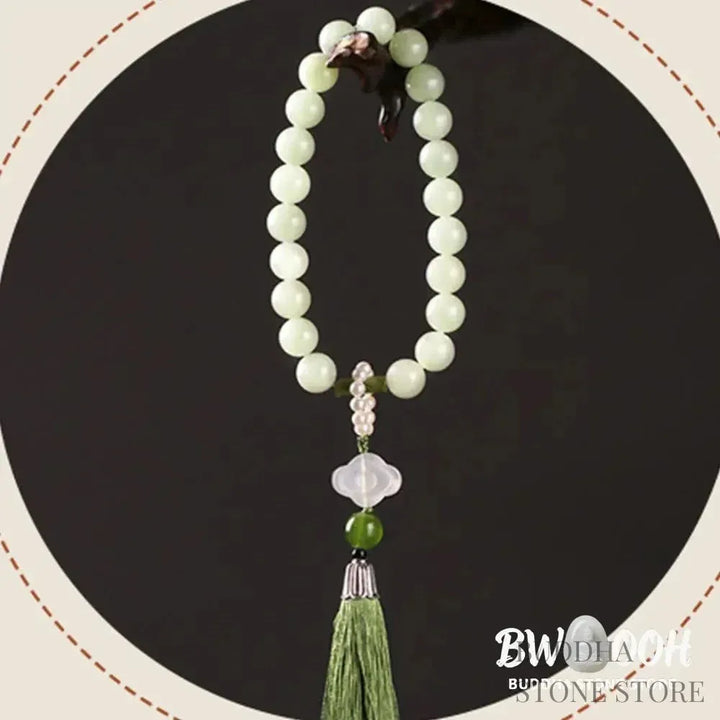 BWOOOH Green Jade &amp; Pearl Wrist Mala. Polished 10mm jade beads, luminous pearls, prosperity tassel. Handcrafted for spiritual calm, abundance, and focus in mindfulness practice. - View 14