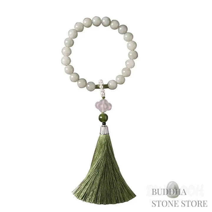 BWOOOH Green Jade &amp; Pearl Wrist Mala. Polished 10mm jade beads, luminous pearls, prosperity tassel. Handcrafted for spiritual calm, abundance, and focus in mindfulness practice. - View 15