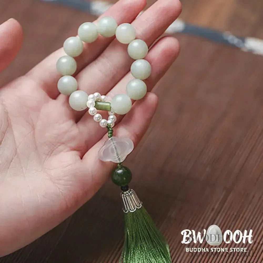 BWOOOH Green Jade &amp; Pearl Wrist Mala. Polished 10mm jade beads, luminous pearls, prosperity tassel. Handcrafted for spiritual calm, abundance, and focus in mindfulness practice. - View 3