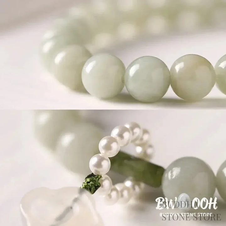 BWOOOH Green Jade &amp; Pearl Wrist Mala. Polished 10mm jade beads, luminous pearls, prosperity tassel. Handcrafted for spiritual calm, abundance, and focus in mindfulness practice. - View 12