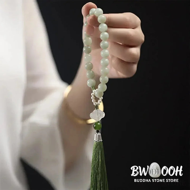 BWOOOH Green Jade &amp; Pearl Wrist Mala. Polished 10mm jade beads, luminous pearls, prosperity tassel. Handcrafted for spiritual calm, abundance, and focus in mindfulness practice. - View 9