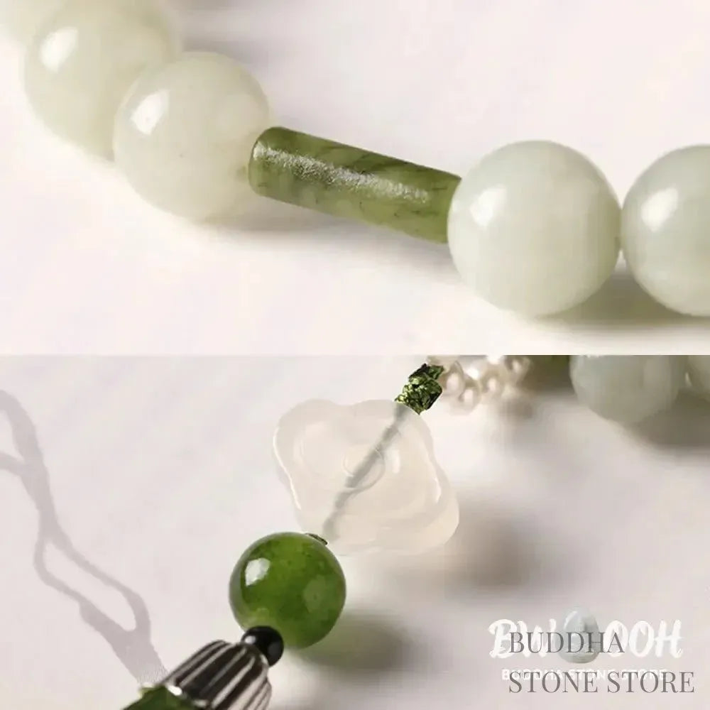 BWOOOH Green Jade &amp; Pearl Wrist Mala. Polished 10mm jade beads, luminous pearls, prosperity tassel. Handcrafted for spiritual calm, abundance, and focus in mindfulness practice. - View 13
