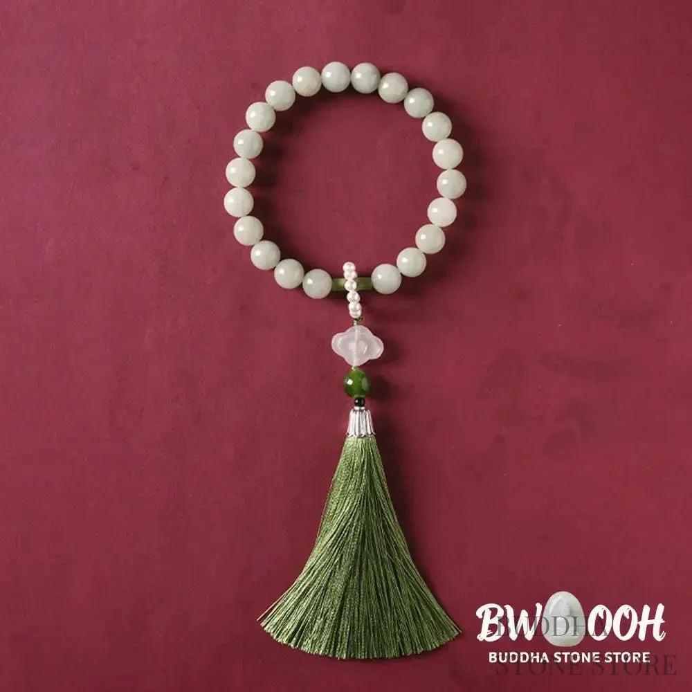 BWOOOH Green Jade &amp; Pearl Wrist Mala. Polished 10mm jade beads, luminous pearls, prosperity tassel. Handcrafted for spiritual calm, abundance, and focus in mindfulness practice. - View 11