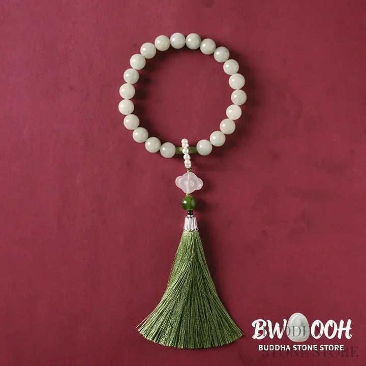 BWOOOH Green Jade &amp; Pearl Wrist Mala. Polished 10mm jade beads, luminous pearls, prosperity tassel. Handcrafted for spiritual calm, abundance, and focus in mindfulness practice. - View 11