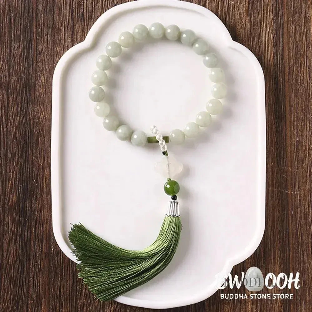 BWOOOH Green Jade &amp; Pearl Wrist Mala. Polished 10mm jade beads, luminous pearls, prosperity tassel. Handcrafted for spiritual calm, abundance, and focus in mindfulness practice. - View 8