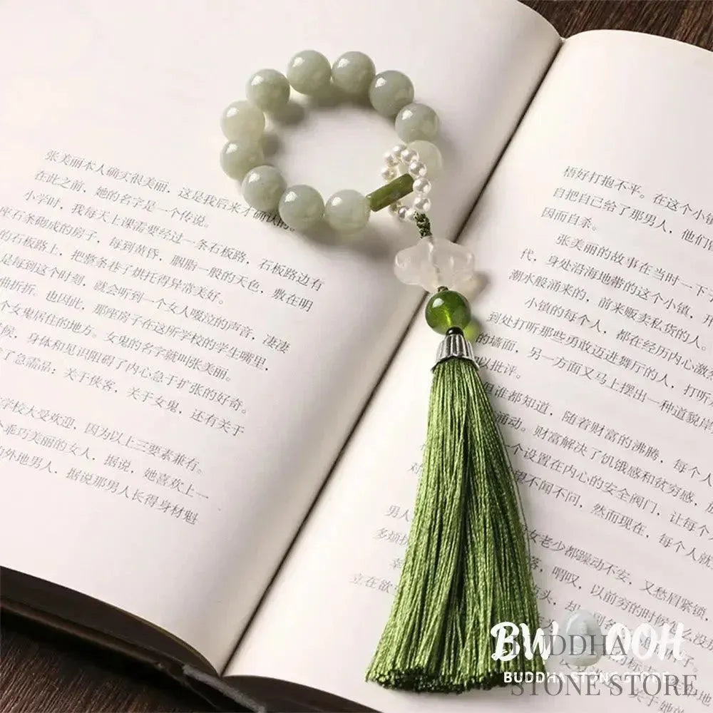 BWOOOH Green Jade & Pearl Wrist Mala. Polished 10mm jade beads, luminous pearls, prosperity tassel. Handcrafted for spiritual calm, abundance, and focus in mindfulness practice. - View 2