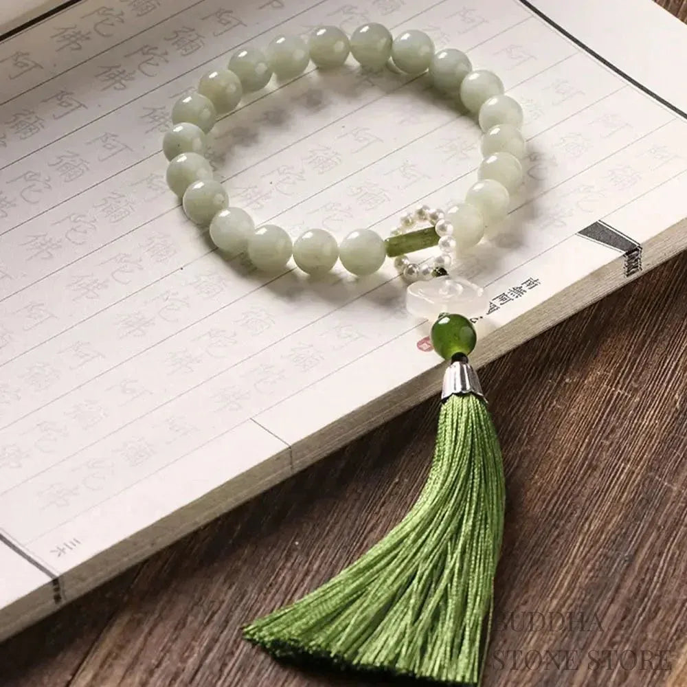 BWOOOH Green Jade &amp; Pearl Wrist Mala. Polished 10mm jade beads, luminous pearls, prosperity tassel. Handcrafted for spiritual calm, abundance, and focus in mindfulness practice. - View 7