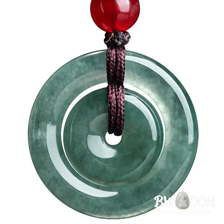 BWOOOH handcrafted Green Jade Double Peace Buckle abundance necklace pendant, featuring two polished circular jade discs with a rope chain, symbolizing harmony, prosperity, and inner peace. - View 12
