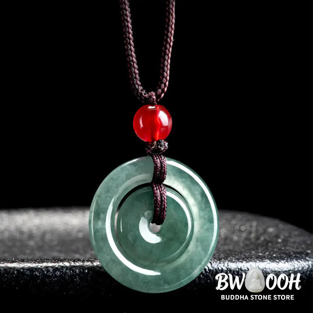 BWOOOH handcrafted Green Jade Double Peace Buckle abundance necklace pendant, featuring two polished circular jade discs with a rope chain, symbolizing harmony, prosperity, and inner peace. - View 4