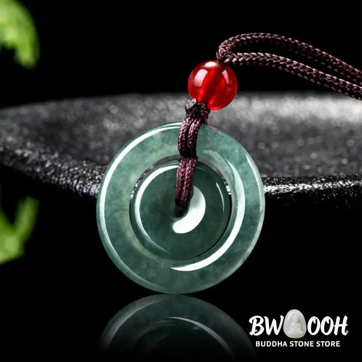 BWOOOH handcrafted Green Jade Double Peace Buckle abundance necklace pendant, featuring two polished circular jade discs with a rope chain, symbolizing harmony, prosperity, and inner peace. - View 2