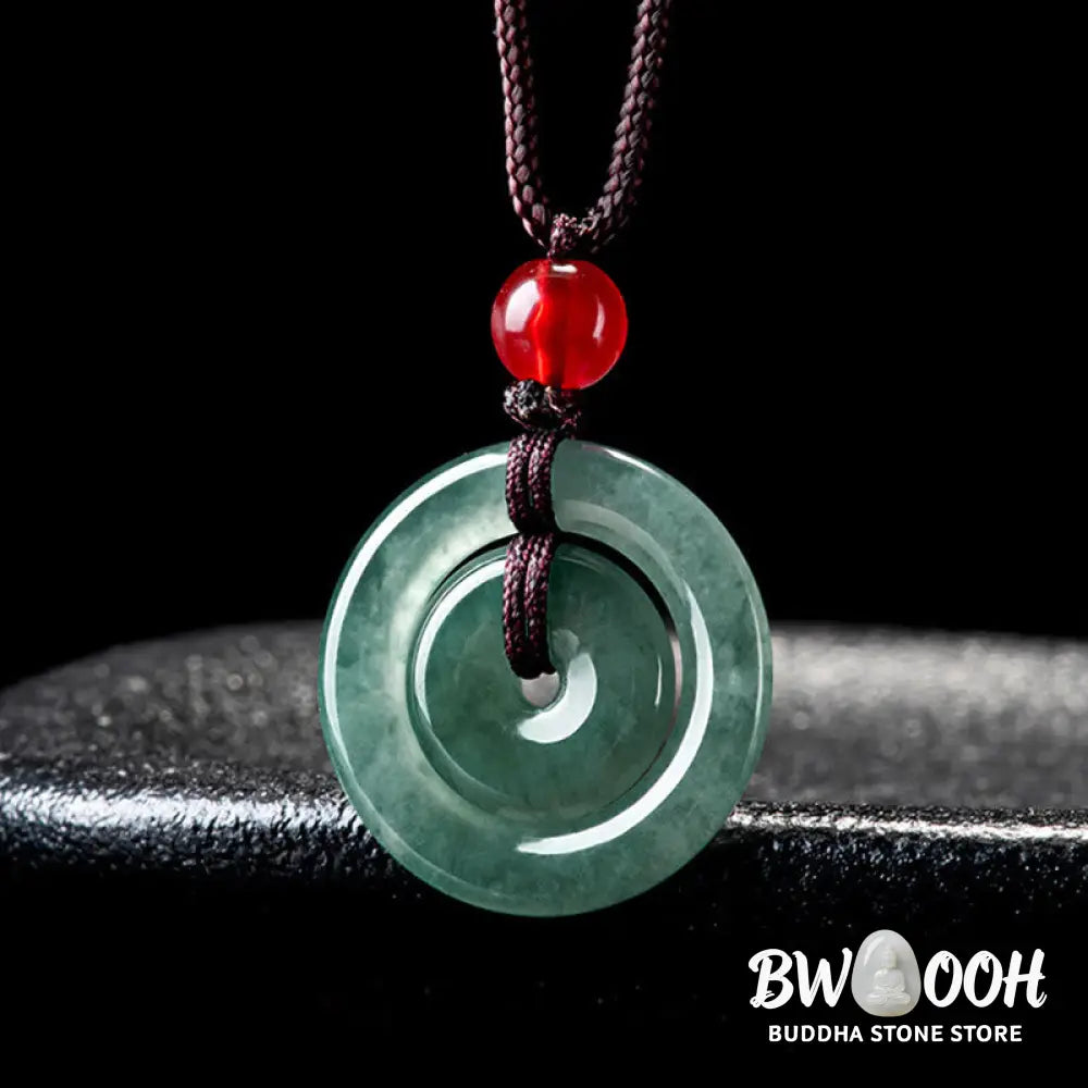 BWOOOH handcrafted Green Jade Double Peace Buckle abundance necklace pendant, featuring two polished circular jade discs with a rope chain, symbolizing harmony, prosperity, and inner peace. - View 8