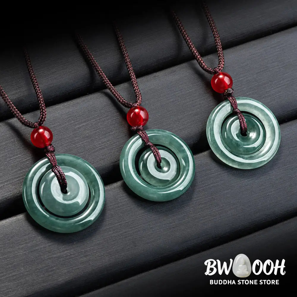 BWOOOH handcrafted Green Jade Double Peace Buckle abundance necklace pendant, featuring two polished circular jade discs with a rope chain, symbolizing harmony, prosperity, and inner peace. - View 9