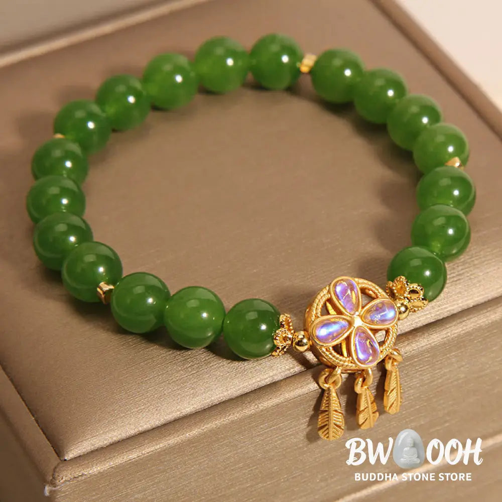 Buddha Stones Green Jade Dreamcatcher Four Leaf Clover Luck Bracelet - BWOOOH - Jade(Wrist Circumference 14-16cm)