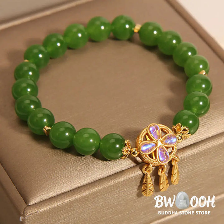 Buddha Stones Green Jade Dreamcatcher Four Leaf Clover Luck Bracelet - BWOOOH - Jade(Wrist Circumference 14-16cm)