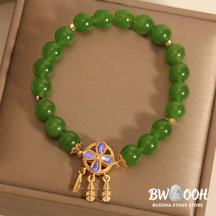Buddha Stones Green Jade Dreamcatcher Four Leaf Clover Luck Bracelet - BWOOOH - Jade(Wrist Circumference 14-16cm)