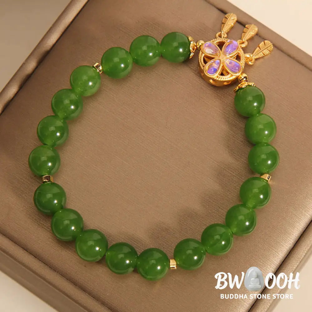 Buddha Stones Green Jade Dreamcatcher Four Leaf Clover Luck Bracelet - BWOOOH - Jade(Wrist Circumference 14-16cm)