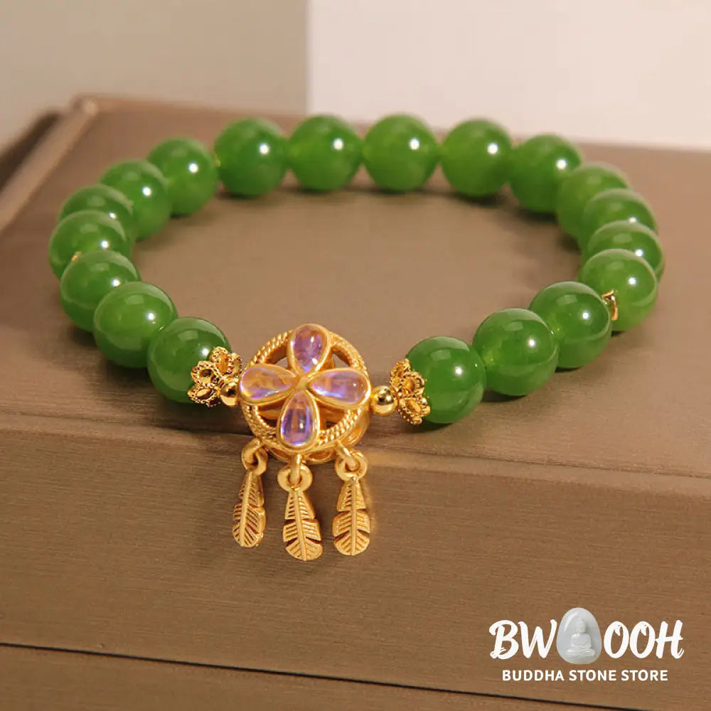 Buddha Stones Green Jade Dreamcatcher Four Leaf Clover Luck Bracelet - BWOOOH - Jade(Wrist Circumference 14-16cm)