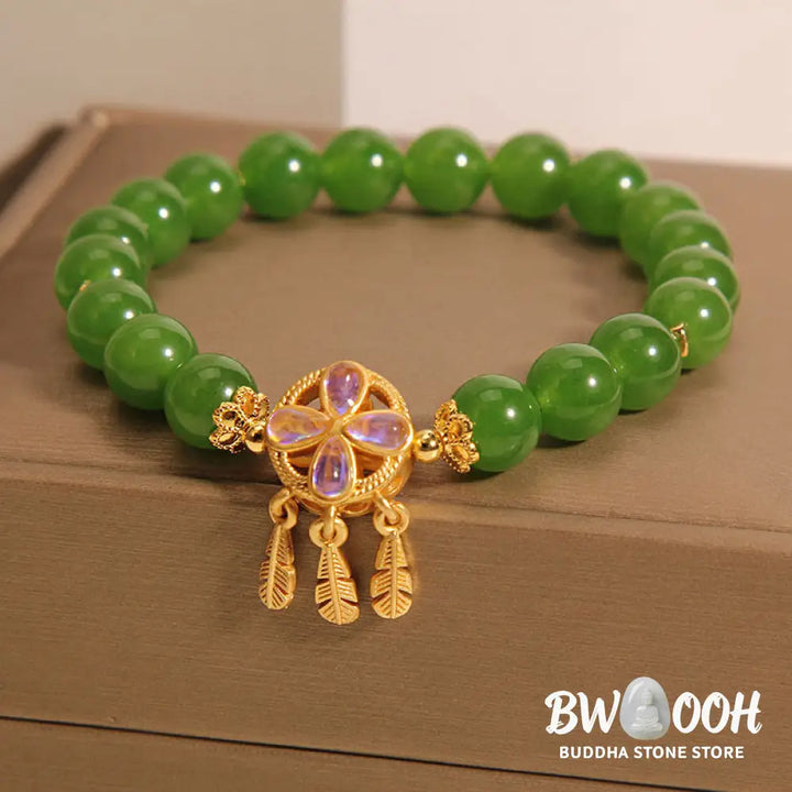 Buddha Stones Green Jade Dreamcatcher Four Leaf Clover Luck Bracelet - BWOOOH - Jade(Wrist Circumference 14-16cm)