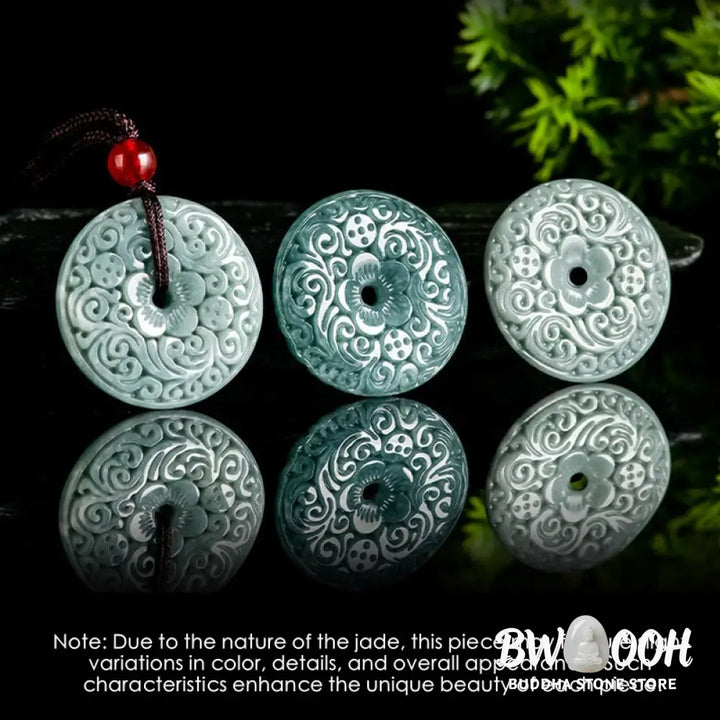 Buddha Stones Green Jade Flower Carved Peace Buckle Abundance Necklace Pendant - BWOOOH - Jade(Prosperity♥Abundance)